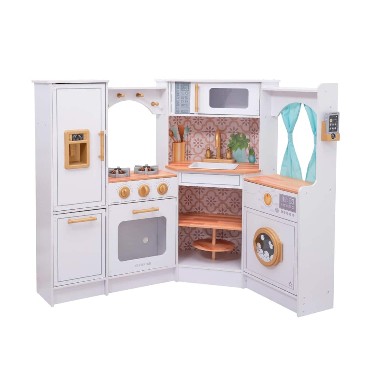 KidKraft White Wooden Ultimate Corner Wooden Play Kitchen Set with Lights & Sounds